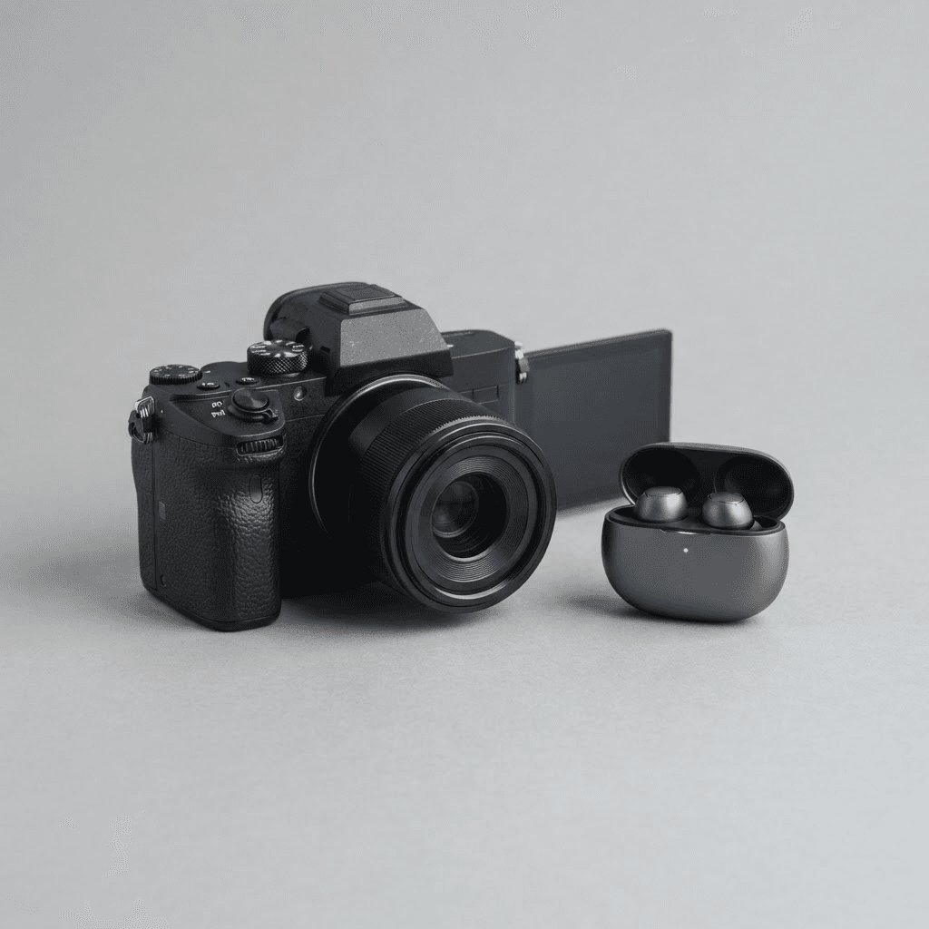 Cámara mirrorless y gadgets de tecnología